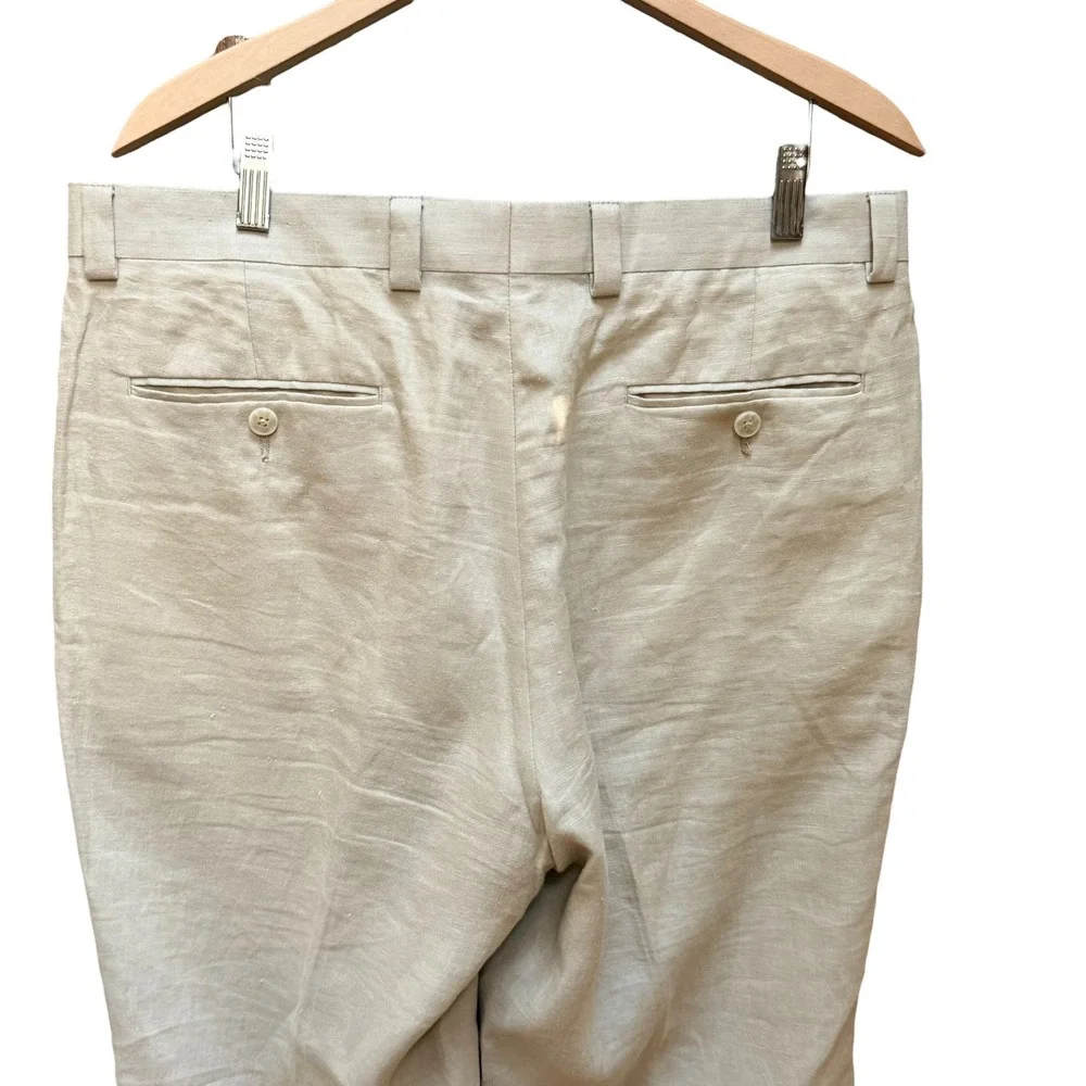 Calvin Klein Pants Mens 34 Beige Linen Flat Front Cuffed Dress Trousers Summer